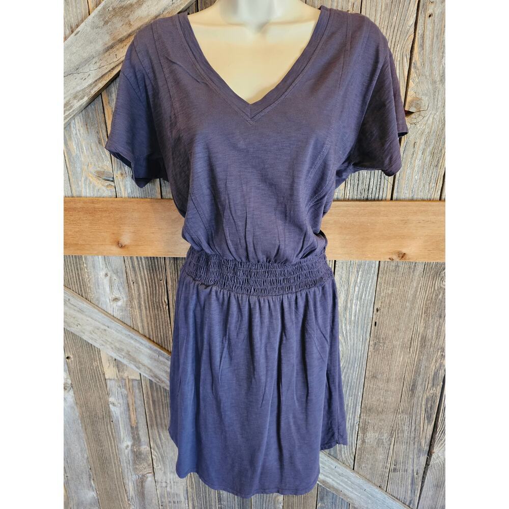 Heather brand size small made in USA elastic waist Midi comfort dress purple ^